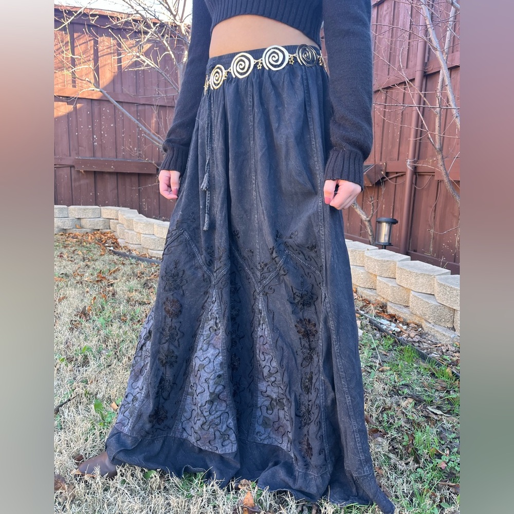 Chic Whimsy Goth Ash Black Embroidered Maxi Skirt - Picture 4 of 14